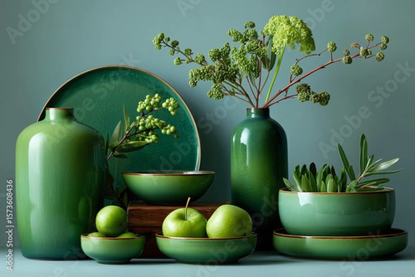 Obraz Chic green ceramic dishware in modern minimalist still life