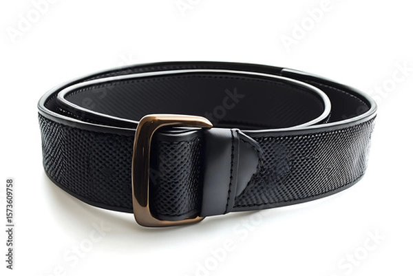 Fototapeta Refined black leather belt with a textured finish and antique brass buckle, perfect for adding a touch of style to any outfit or showcasing fashion details.