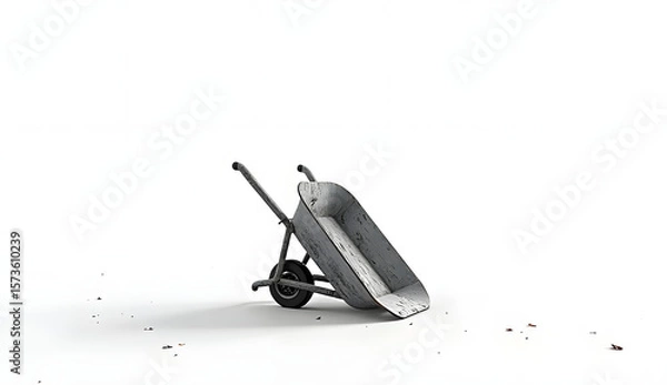 Fototapeta Black silhouette of an overturned empty wheelbarrow with handle raised, resting on a pure white background. Evokes themes of labor, abandonment, rural solitude, and symbolic stillness