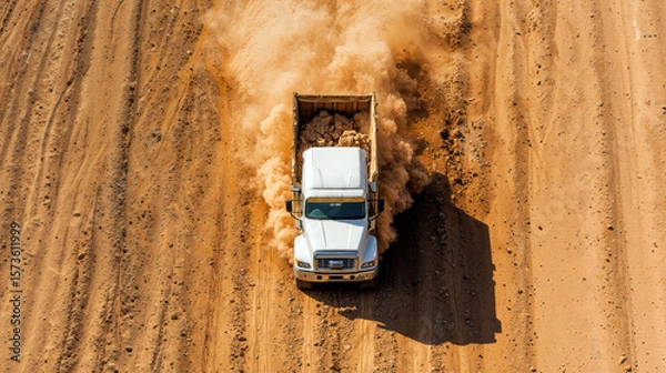 Fototapeta Heavy-duty dump truck transporting rocks on a dusty unpaved construction road kicking up clouds of dirt for industrial logistics and infrastructure themes