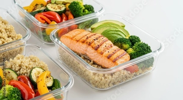 Fototapeta Healthy Meal Prep Containers with Grilled Salmon Quinoa Broccoli and Colorful Vegetables for Nutritious Eating