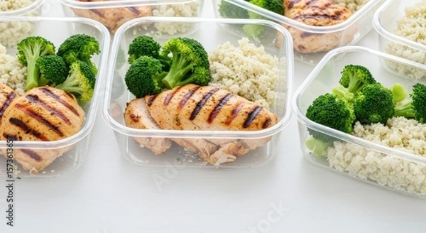 Fototapeta Healthy Meal Prep with Grilled Chicken, Broccoli and Quinoa in Clear Containers for Balanced Nutrition