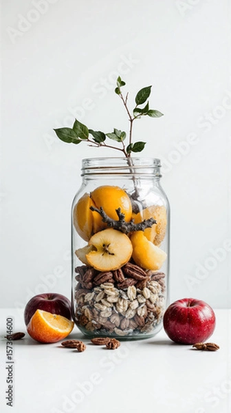 Fototapeta Mason jar filled with fresh apples oranges granola pecans and branch decor arranged for healthy eating concept natural nutrition and food styling themes