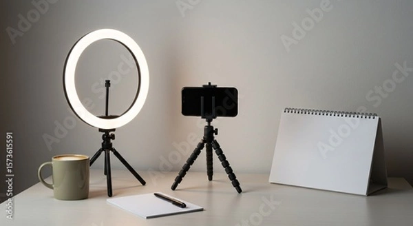 Obraz Smartphone Tripod and Ring Light Setup on Creator Desk