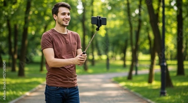 Obraz Vlogging Outdoors with Smartphone and Selfie Stick