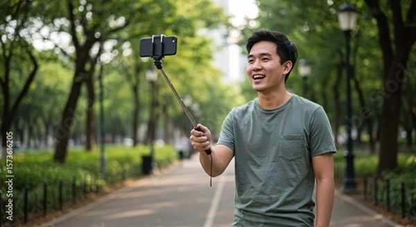Obraz Vlogging Outdoors with Smartphone and Selfie Stick