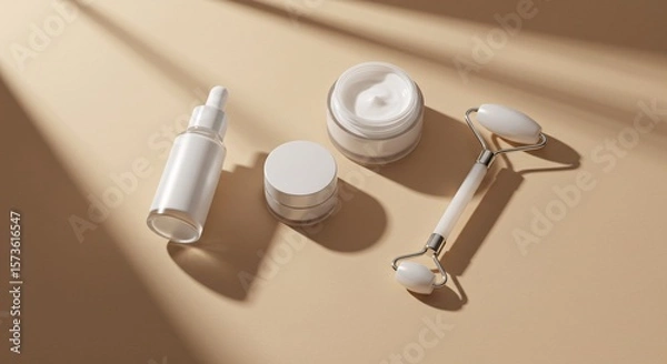 Obraz Minimal Skincare Flatlay with Dropper Bottle and Facial Roller