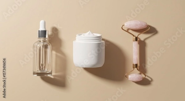 Obraz Minimal Skincare Flatlay with Dropper Bottle and Facial Roller