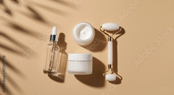 Obraz Minimal Skincare Flatlay with Dropper Bottle and Facial Roller