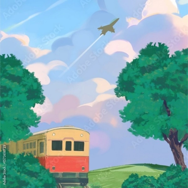 Obraz The image depicts a calming rural scene with the following elements house on the hill