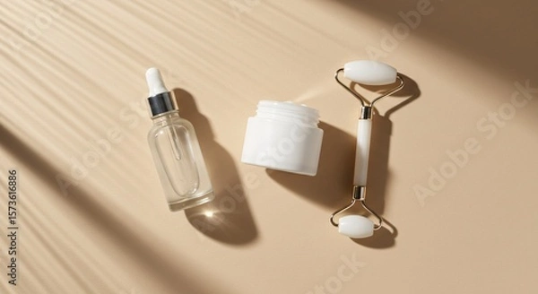 Obraz Minimal Skincare Flatlay with Dropper Bottle and Facial Roller