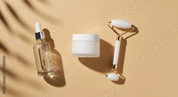 Obraz Minimal Skincare Flatlay with Dropper Bottle and Facial Roller