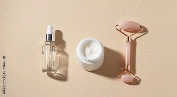 Obraz Minimal Skincare Flatlay with Dropper Bottle and Facial Roller