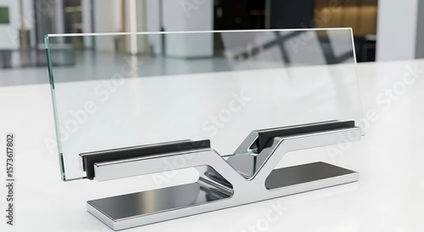 Fototapeta Modern minimalist glass display stand on a white surface with blurred background