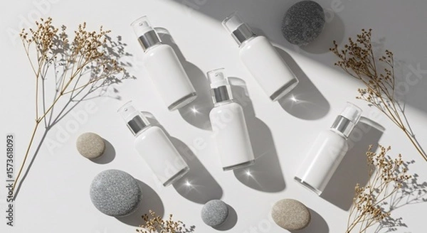 Obraz Skincare Glass Bottles with Stones on White Background