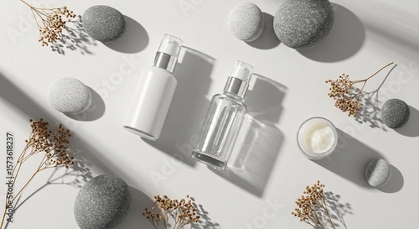 Obraz Skincare Glass Bottles with Stones on White Background