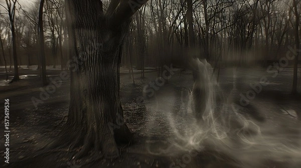 Fototapeta Eerie woodland encounter with a ghostly apparition in misty atmospheric forest