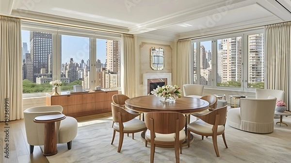 Fototapeta Elegant dining area with expansive city views creating a sophisticated atmosphere for urban living