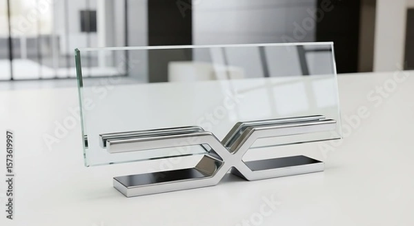 Fototapeta Sleek modern glass and chrome nameplate holder against a blurred backdrop