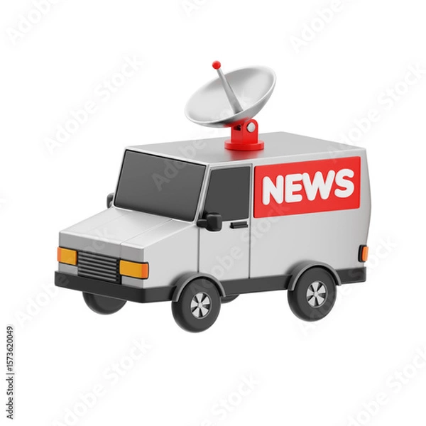 Fototapeta News van 3d icon. Mobile news van with satellite dish