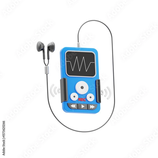 Fototapeta Digital voice recorder radio 3d icon. Digital voice recorder with earbuds