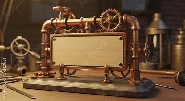 Fototapeta Steampunk wooden sign with metallic gears and pipes for decoration and text placement