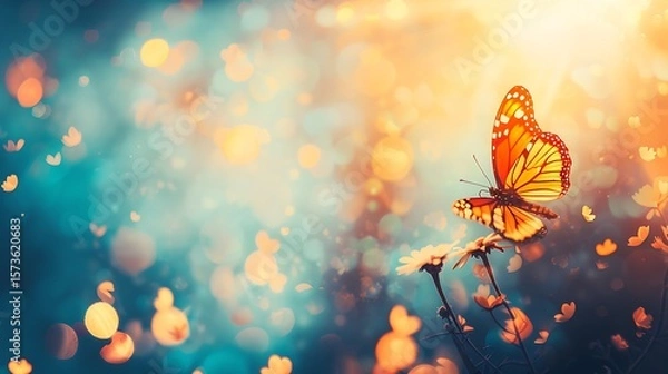 Fototapeta Enchanting butterfly resting delicately on daisy flowers amidst bokeh lights dreamscape