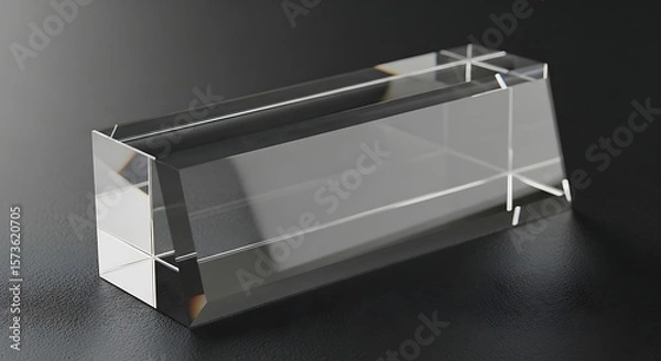 Fototapeta Transparent rectangular prism on a dark surface demonstrating refraction and reflection