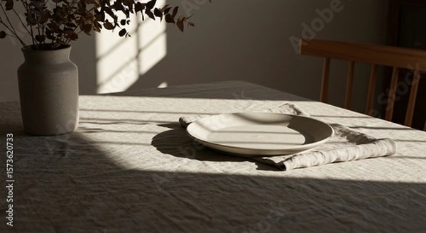 Obraz Elegant Cozy Dining Table Setup with Dried Eucalyptus