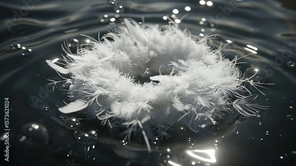 Fototapeta Ethereal floating feathers on liquid surface creating ripples in monotone aesthetic