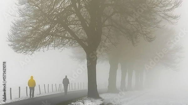 Fototapeta Ethereal journey through fog shrouded landscape with figures beneath majestic trees