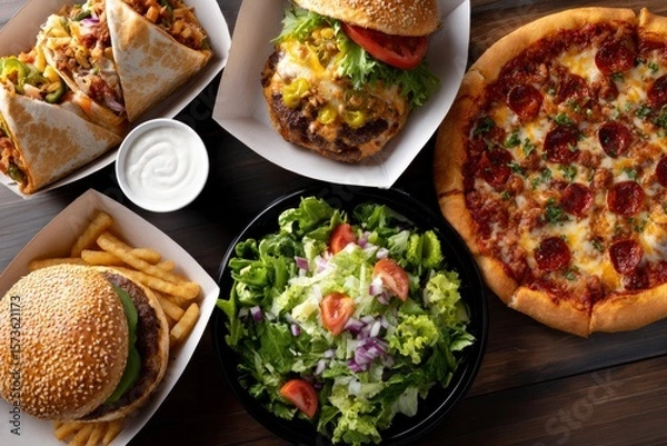 Obraz Overhead shot of diverse takeout meals pizza salad burgers tacos and a side of sour cream on a wood surface