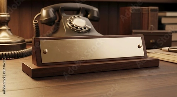 Fototapeta Vintage desk setup featuring a blank nameplate on a wooden desk surface