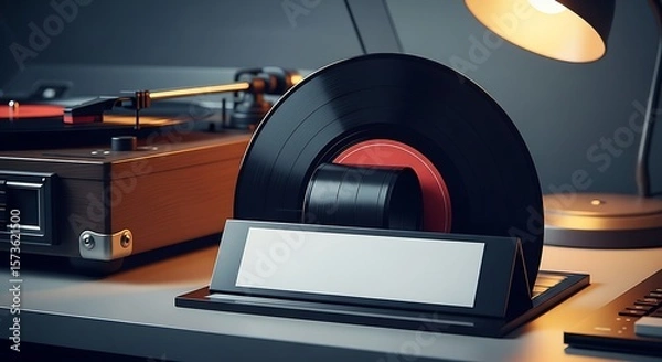 Fototapeta Vintage Vinyl Record on Display with Turntable and Lamp in Dimly Lit Room