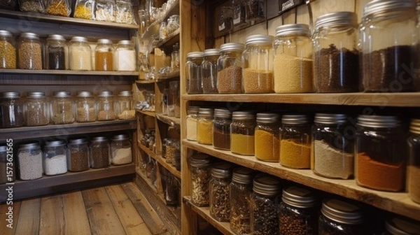 Fototapeta A Rustic Pantry Filled with Glass Jars of Spices and Grains