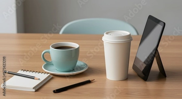 Fototapeta Morning coffee and digital tablet setup for productive work session on wooden desk with notebook and pencils
