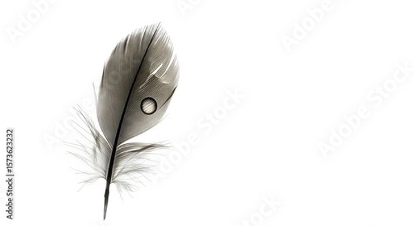 Fototapeta Detailed artistic feather with intricate tribal patterns and a water droplet isolated on a clean white background symbolizing delicate natural beauty and unique design concepts