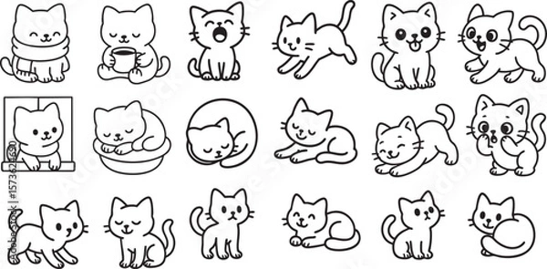 Fototapeta Cute Cartoon Cat Set in Poses Simple Black and White Line Art for Kids Coloring Book | Generative AI