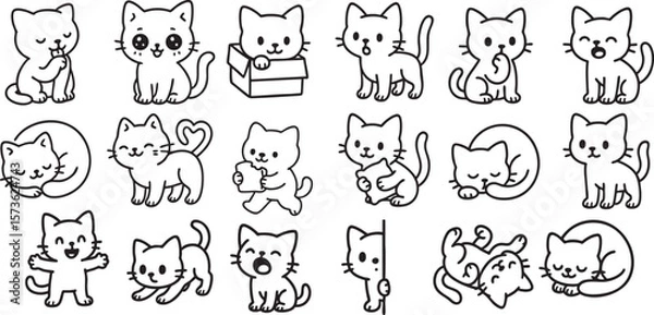 Fototapeta Cute Cartoon Cat Set in Poses Simple Black and White Line Art for Kids Coloring Book | Generative AI