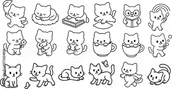 Fototapeta Cute Cartoon Cat Set in Poses Simple Black and White Line Art for Kids Coloring Book | Generative AI