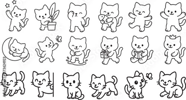 Fototapeta Cute Cartoon Cat Set in Poses Simple Black and White Line Art for Kids Coloring Book | Generative AI