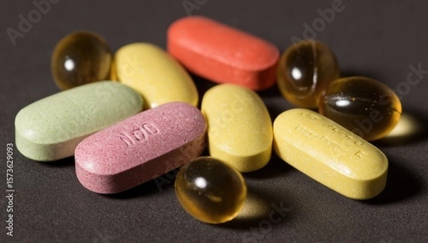 Fototapeta Multicolored Tablets and Capsules Scattered on Surface