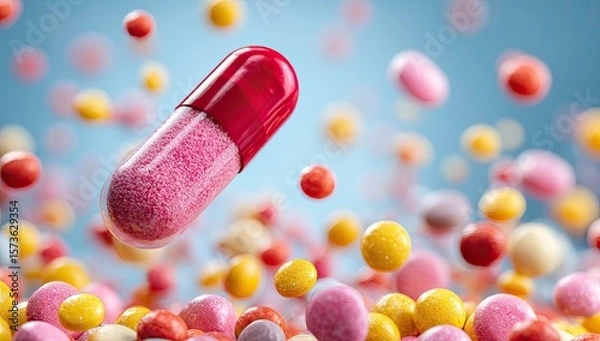 Fototapeta Colorful Medicine Capsule Floating in Abstract Space