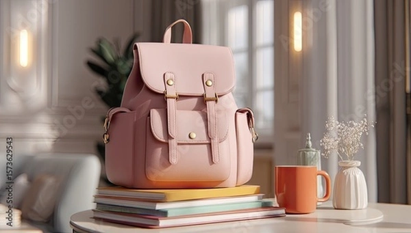 Fototapeta Elegant Pink Backpack Resting on Stack of Books