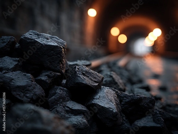 Fototapeta Close-Up of Coal Pile in Mine Shaft, Depicting Fossil Fuels and Energy
