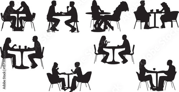 Fototapeta Collection of people sitting at tables, eating, drinking, and talking in silhouette.