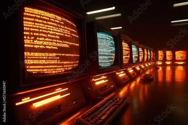 Fototapeta Retro Computer Room with Glowing Orange Screens and Keyboards, Vintage Tech