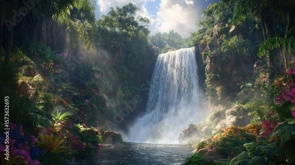 Fototapeta Lush waterfall cascading into a tranquil pool surrounded by vibrant tropical flowers and lush greenery