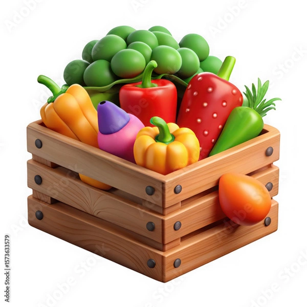 Fototapeta Photo of a wooden crate filled with colorful 3d vegetables represents fresh, organic produce and healthy eating isolated on transparent background