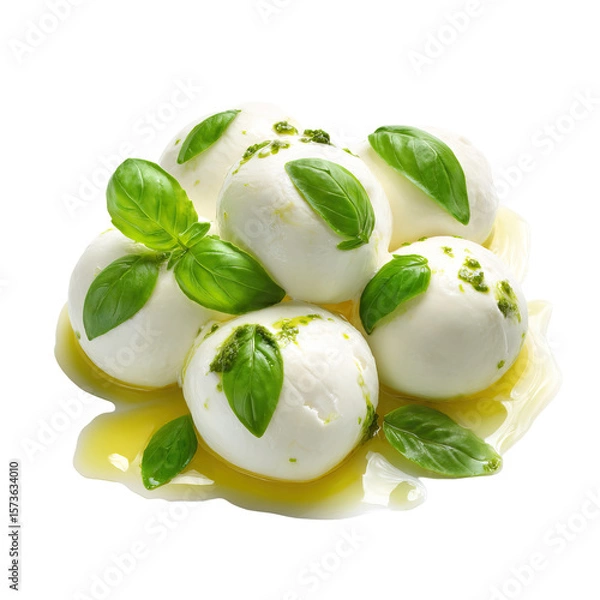 Obraz Fresh mozzarella balls with basil and olive oil on transparent background


